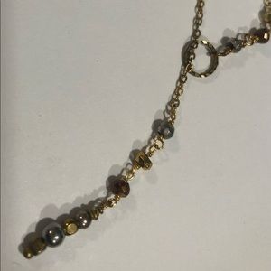 Dainty beaded and chain Y necklace gold and Pyrite